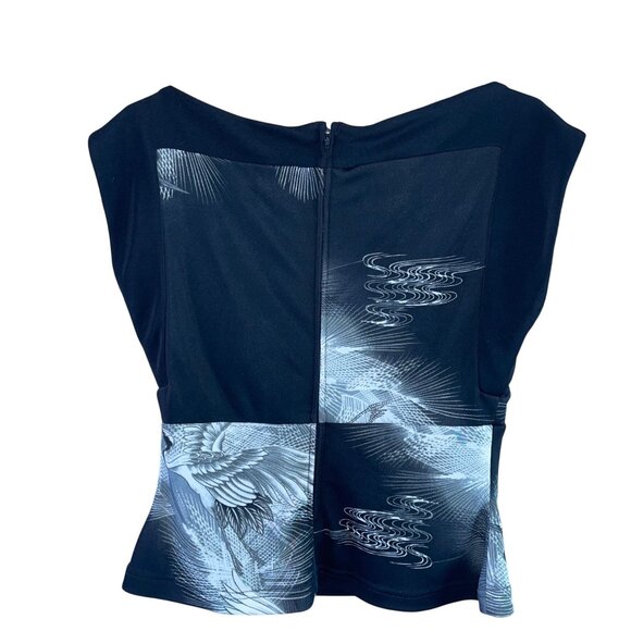 Tadashi Vintage Womens Top Size Large Black Crane Print Stretch Casual - Picture 2 of 7